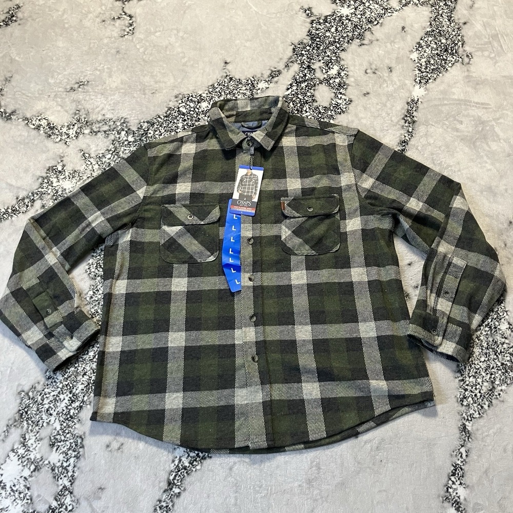 Chaps Shirt Mens Size Large Green Plaid Knit Flannel Button Up Long Sleeve